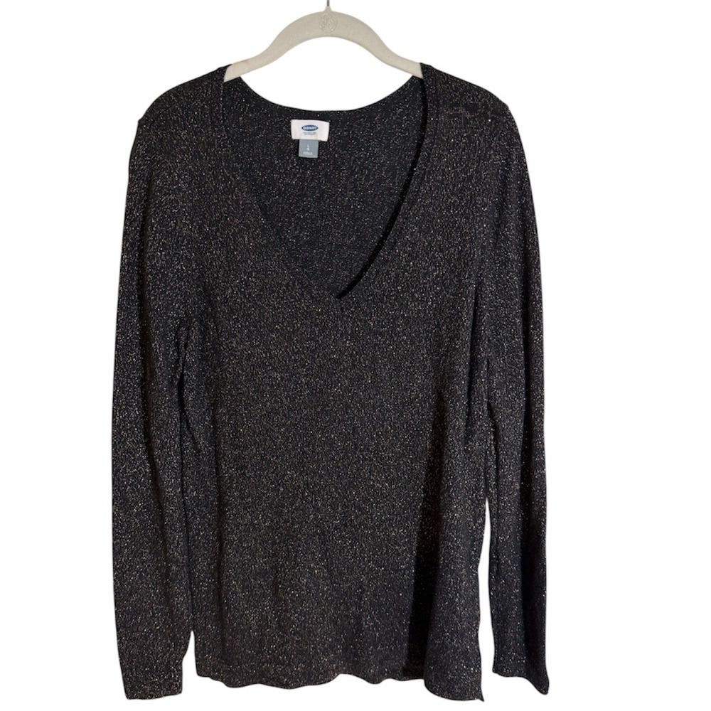 Old Navy V-Neck Sweater Black L‎ Womens Metallic Knit Long Sleeve Shimmer